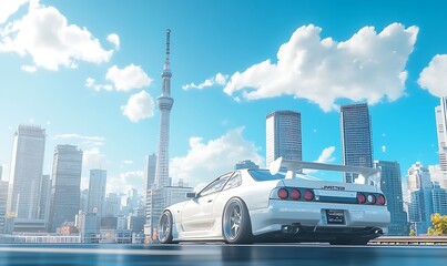 White Sports Car Parked in Front of Tokyo Skyline