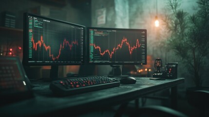 Poster - High-tech control room with multiple monitors showing stock market charts and financial data.