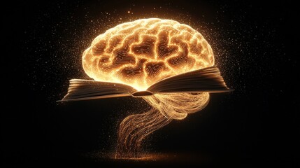 Wall Mural - Knowledge is Power: A glowing brain with digital circuits and abstract books flowing into it, symbolizing knowledge fueling business power and growth