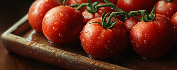 Freshly washed tomatoes resting on a wooden cutting board