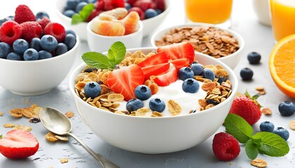 Wall Mural - Vibrant and Nutritious Breakfast Featuring Yogurt, Granola, Fresh Fruits, and Refreshing Orange Juice