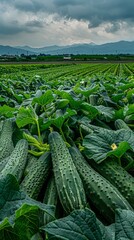 Poster - A field of green cucumbers with a cloudy sky in the background