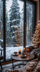 Poster - A cozy living room with a Christmas tree and a table with two cups and candles