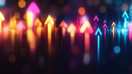 Poster - A vibrant illustration features glowing arrows in various colors, pointing in diverse directions against a blurred background of abstract shapes. The composition conveys movement and business growth