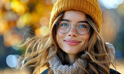 Wall Mural - A joyful young woman enjoys a vibrant autumn day, surrounded by beautiful foliage. Her warm smile and cozy outfit reflect the spirit of the season