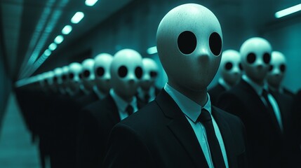 Sticker - A group of people wearing masks and suits stand in a hallway