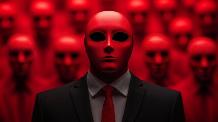 Poster - A man in a suit and tie stands in front of a group of people wearing red masks