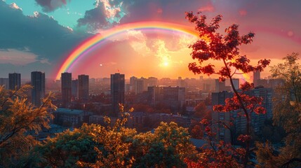 Poster - A rainbow is seen over a city with a tree in the foreground