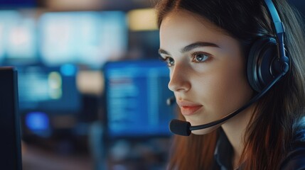 Focused Woman Wearing Headset In Office