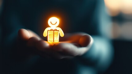 Poster - Quality Service Delivery: A glowing abstract figure presenting a shining, radiant gift, symbolizing exceptional service that exceeds customer expectations