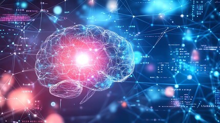 Poster - Wireframe Brain Connected to a Digital Network