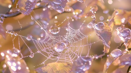 Delicate Spiderweb with Raindrops on Fall Foliage Background