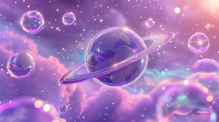 Wall Mural - Fantasy space landscape with planet and bubbles 3d rendering image. Cosmos scene with surreal details background wallpaper colorful realistic. Imaginary galaxy concept idea