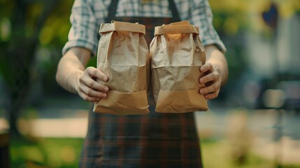 Male worker in apron holds two brown paper bags mockup. Sunny outdoor man with takeout paperbags template advertising image. Eco-friendly packaging mock up product photorealistic