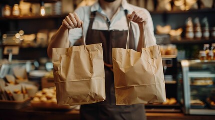 Pastry worker in apron holding two takeout bags mockup in cozy bakery. Takeaway service paperbags with handles template advertising image. Food delivery mock up product photorealistic