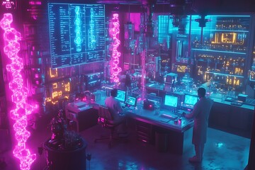 Poster - Futuristic Laboratory with Glowing DNA Strands and Scientists Working on Computers
