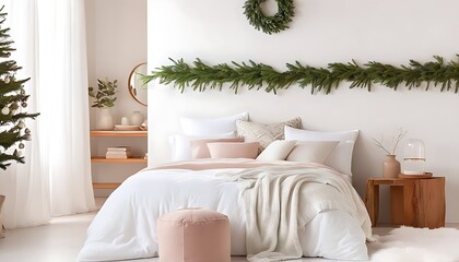 Wall Mural - Christmas atmosphere blends harmoniously with white bed