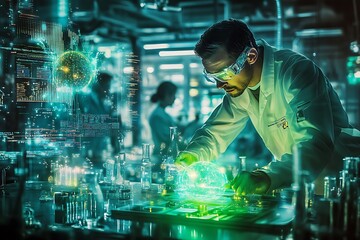 Poster - Scientist Interacting with Holographic Projection in a Laboratory