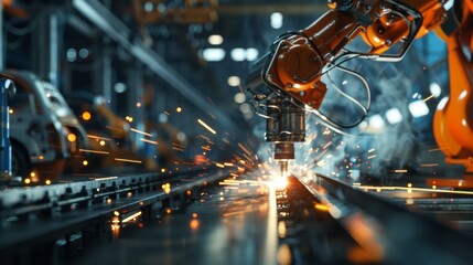 Poster - A robot is working on a car in a factory
