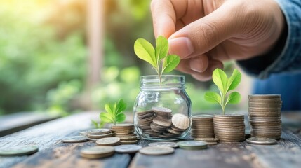 Investment Growth with Coins and Green Leaves