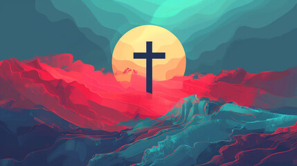 Sunrise over abstract mountains with a cross symbol