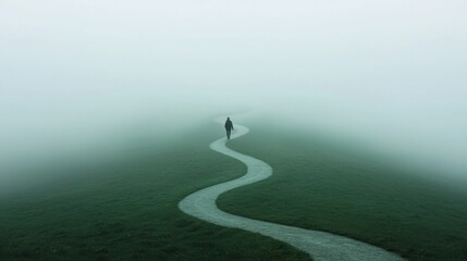 Wall Mural - start before knowing it all: a person stepping onto a winding path that disappears into a foggy unkn