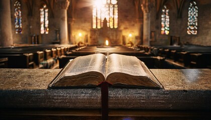 Poster - The Bible in the Candlelit Church Altar. The Bible lies open on a grand, stone altar in a dimly lit church.