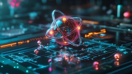Poster - Glowing Orb with Orbiting Rings on a Futuristic Tech Surface