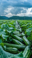 Poster - A field of green cucumbers is growing in the rain