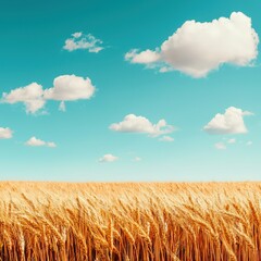 Poster - A vibrant golden wheat field stretches towards a blue sky filled with fluffy clouds, showcasing the beauty of nature and agriculture in harmony.