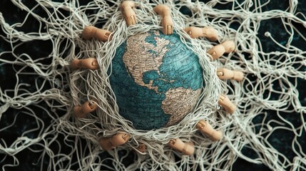 Poster - Tangled Threads of Global Finance: A complex web of financial symbols and strings stretching between various countries, but the threads are tangled and fraying