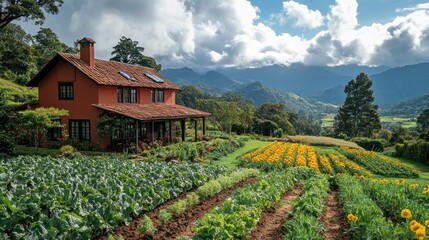 Canvas Print - Rural Farmhouse with Mountain Views