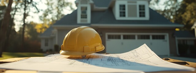 A photo of construction plans, blueprints, and building materials with an unfinished house in the background