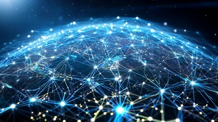 Sphere surrounded by connecting hologram network close up, communication network around the earth, connection and signal motif
