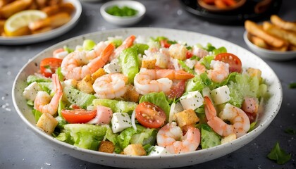 Wall Mural - Delicious Seafood Caesar Salad with Succulent Shrimp and Juicy Prawns