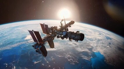 Satellite or space station in outer space against the background of the globe in motion close-up with space for text or inscriptions
