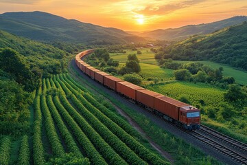 Poster - Freight Train Through Rural Landscape