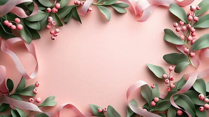 Wall Mural - xmas new year background pastel with copy space floral frame with pink ribbons and green leaves.