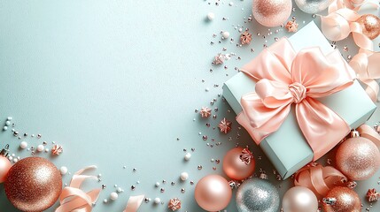 Xmas new year background pastel with copy space Gift box with festive decorations, white background