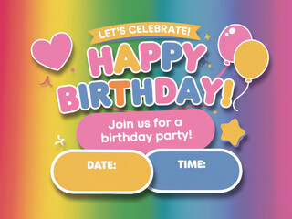 Colorful birthday invitation card design with balloons and heart