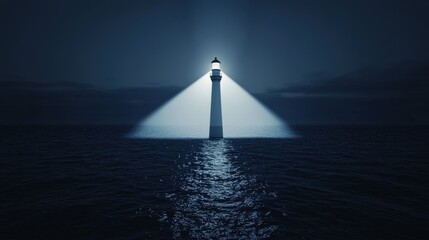 Wall Mural - Visionary Lighthouse: An abstract lighthouse beaming a bright, focused light over a dark ocean of obstacles, symbolizing clear vision leading to success