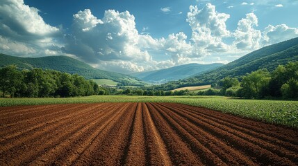 Poster - Plowed Field with Mountains in the Background