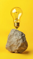 Poster - Light bulb floating above rock on yellow background, creativity and innovation concept