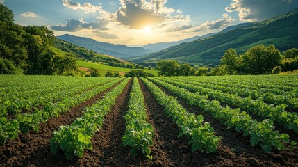 Canvas Print - Green Field with a Sunset View