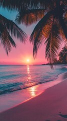 Poster - A beautiful sunset over the ocean with a palm tree in the foreground