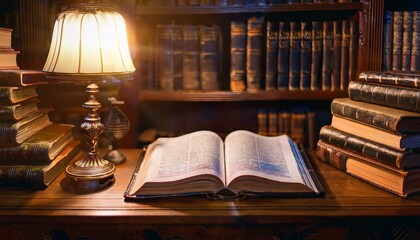 Poster - The Bible in Old Library Nook. An open Bible rests on a mahogany desk.