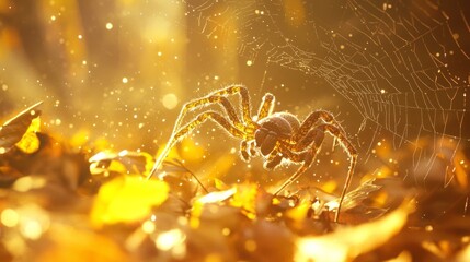 Nature's Artistry: Close-up of Spider Weaving Web Among Autumn Leaves