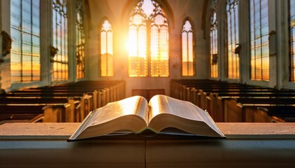 Poster - The Bible in the Church Balcony at Sunrise.  An open Bible lies on a balcony inside a grand church, with the first rays of sunlight streaming through the high stained-glass windows.