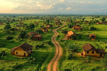 Canvas Print - Aerial View of a Village in a Lush Green Landscape