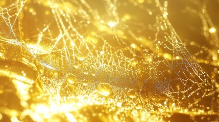 Glistening Raindrops on Golden Leaf in Spider Web Close-Up